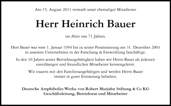 Traueranzeige von Heinrich Bauer von Darmstädter Echo, Odenwälder Echo, Rüsselsheimer Echo, Groß-Gerauer-Echo, Ried Echo
