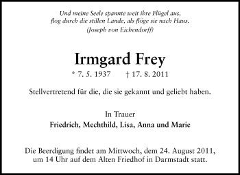 Traueranzeige von Irmgard Frey von Echo-Zeitungen (Gesamtausgabe)