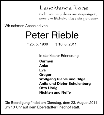 Traueranzeige von Peter Rieble von Echo-Zeitungen (Gesamtausgabe)