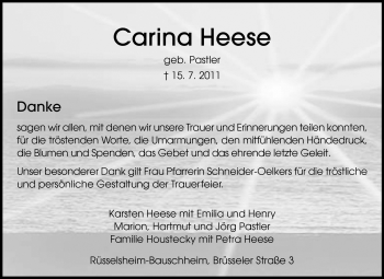 Traueranzeige von Carina Heese von Rüsselsheimer Echo, Groß-Gerauer-Echo, Ried Echo