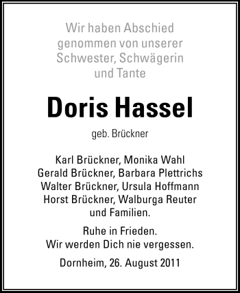 Traueranzeige von Doris Hassel von Rüsselsheimer Echo, Groß-Gerauer-Echo, Ried Echo