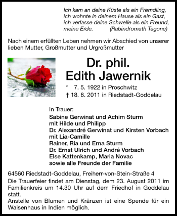 Traueranzeige von Dr. phil. Edith Jawernik von Rüsselsheimer Echo, Groß-Gerauer-Echo, Ried Echo