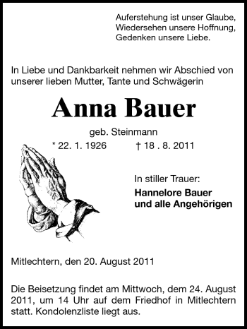 Traueranzeige von Anna Bauer von Starkenburger Echo