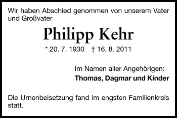 Traueranzeige von Philipp Kehr von Echo-Zeitungen (Gesamtausgabe)