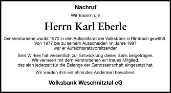 Traueranzeige von Karl Eberle von Starkenburger Echo