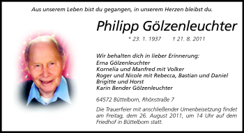 Traueranzeige von Philipp Gölzenleuchter von Rüsselsheimer Echo, Groß-Gerauer-Echo, Ried Echo