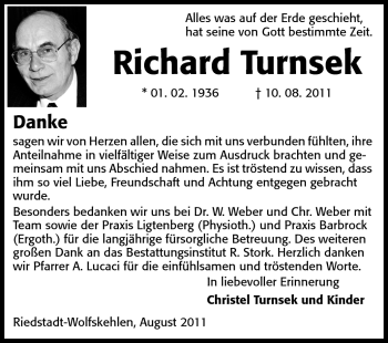 Traueranzeige von Richard Turnsek von Rüsselsheimer Echo, Groß-Gerauer-Echo, Ried Echo