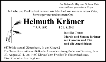 Traueranzeige von Helmuth Krämer von Odenwälder Echo