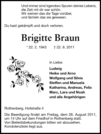 Traueranzeige von Brigitte Braun von Odenwälder Echo