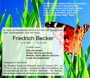 Traueranzeige von Friedrich Becker von Rüsselsheimer Echo, Groß-Gerauer-Echo, Ried Echo