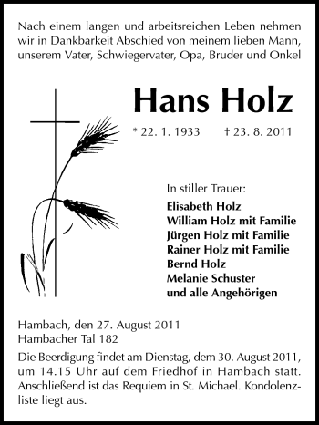 Traueranzeige von Hans Holz von Starkenburger Echo