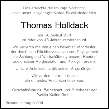 Traueranzeige von Thomas Holldack von Echo-Zeitungen (Gesamtausgabe)