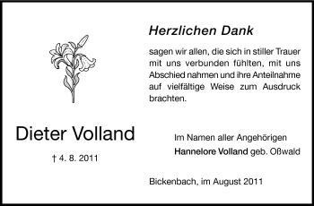 Traueranzeige von Dieter Volland von Echo-Zeitungen (Gesamtausgabe)