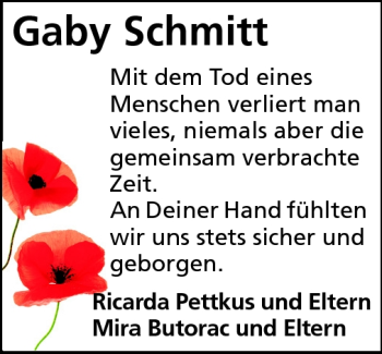 Traueranzeige von Gaby Schmitt von Echo-Zeitungen (Gesamtausgabe)