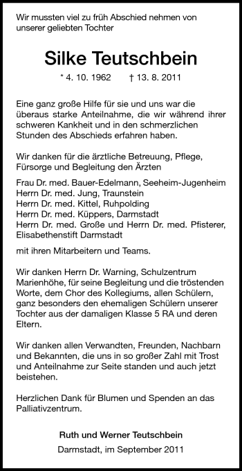 Traueranzeige von Silke Teutschbein von Echo-Zeitungen (Gesamtausgabe)