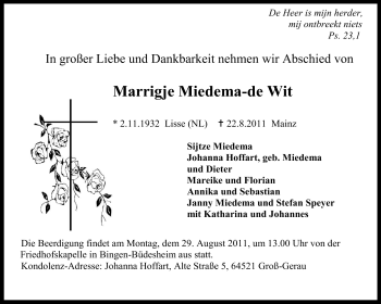 Traueranzeige von Marrigje Miedema-de Wit von Rüsselsheimer Echo, Groß-Gerauer-Echo, Ried Echo