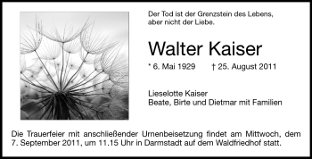 Traueranzeige von Walter Kaiser von Echo-Zeitungen (Gesamtausgabe)