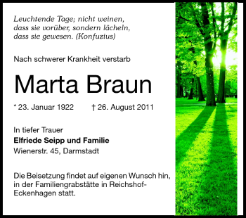 Traueranzeige von Marta Braun von Echo-Zeitungen (Gesamtausgabe)