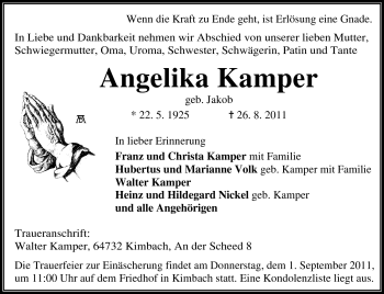 Traueranzeige von Angelika Kamper von Odenwälder Echo