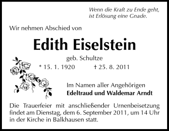 Traueranzeige von Edith Eiselstein von Echo-Zeitungen (Gesamtausgabe)
