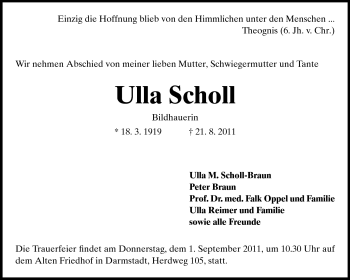 Traueranzeige von Ulla Scholl von Darmstädter Echo, Odenwälder Echo, Rüsselsheimer Echo, Groß-Gerauer-Echo, Ried Echo
