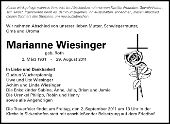 Traueranzeige von Marianne Wiesinger von Echo-Zeitungen (Gesamtausgabe)