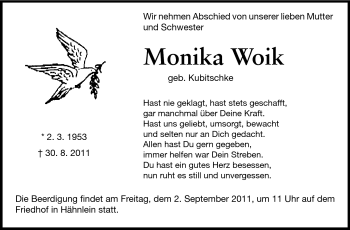Traueranzeige von Monika Woik von Echo-Zeitungen (Gesamtausgabe)