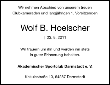 Traueranzeige von Wolf B. Hoelscher von Darmstädter Echo, Odenwälder Echo, Rüsselsheimer Echo, Groß-Gerauer-Echo, Ried Echo