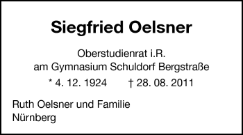 Traueranzeige von Siegfried Oelsner von Echo-Zeitungen (Gesamtausgabe)