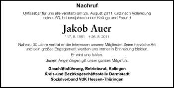 Traueranzeige von Jakob Auer von Darmstädter Echo, Odenwälder Echo, Rüsselsheimer Echo, Groß-Gerauer-Echo, Ried Echo