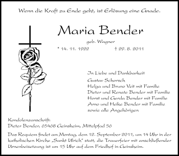 Traueranzeige von Maria Bender von Rüsselsheimer Echo, Groß-Gerauer-Echo, Ried Echo