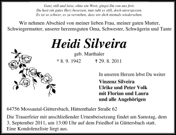 Traueranzeige von Heidi Silveira von Odenwälder Echo