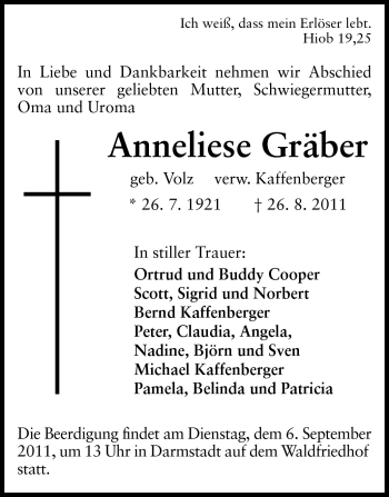 Traueranzeige von Anneliese Gräber von Echo-Zeitungen (Gesamtausgabe)