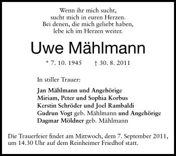 Traueranzeige von Uwe Mählmann von Odenwälder Echo
