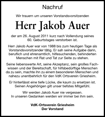 Traueranzeige von Jakob Auer von Echo-Zeitungen (Gesamtausgabe)