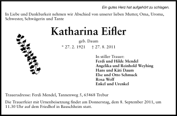 Traueranzeige von Katharina Eifler von Rüsselsheimer Echo, Groß-Gerauer-Echo, Ried Echo