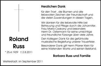 Traueranzeige von Roland Russ von Echo-Zeitungen (Gesamtausgabe)