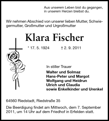 Traueranzeige von Klara Fischer von Rüsselsheimer Echo, Groß-Gerauer-Echo, Ried Echo