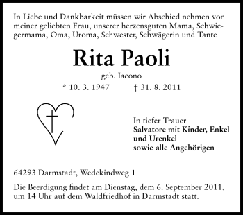 Traueranzeige von Rita Paoli von Echo-Zeitungen (Gesamtausgabe)