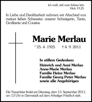 Traueranzeige von Marie Merlau von Echo-Zeitungen (Gesamtausgabe)