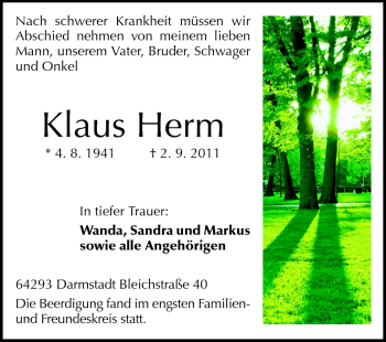 Traueranzeige von Klaus Herm von Darmstädter Echo, Odenwälder Echo, Rüsselsheimer Echo, Groß-Gerauer-Echo, Ried Echo