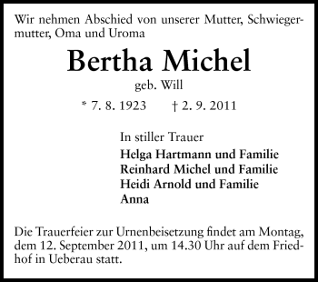 Traueranzeige von Bertha Michel von Darmstädter Echo, Odenwälder Echo, Rüsselsheimer Echo, Groß-Gerauer-Echo, Ried Echo