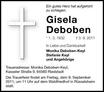 Traueranzeige von Gisela Deboben von Rüsselsheimer Echo, Groß-Gerauer-Echo, Ried Echo