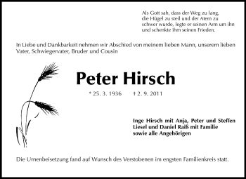 Traueranzeige von Peter Hirsch von Rüsselsheimer Echo, Groß-Gerauer-Echo, Ried Echo