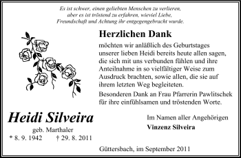 Traueranzeige von Heidi Silveira von Odenwälder Echo