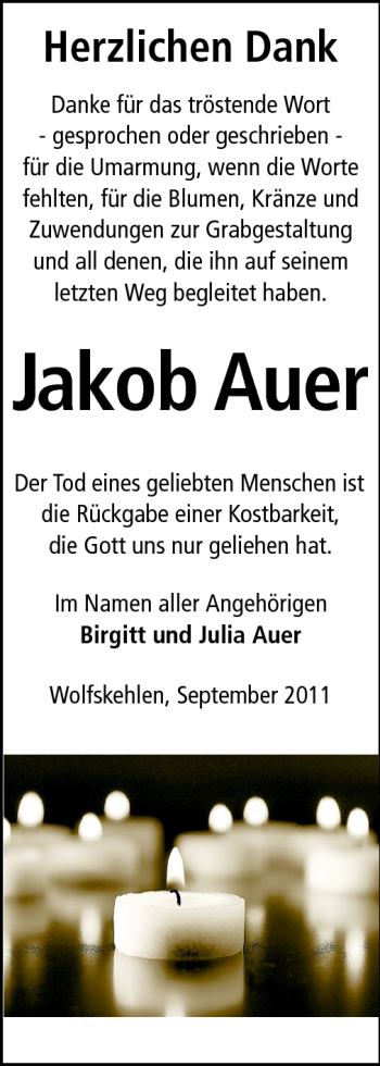 Traueranzeige von Jakob Auer von Echo-Zeitungen (Gesamtausgabe)