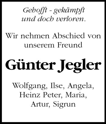 Traueranzeige von Günter Jegler von Darmstädter Echo, Odenwälder Echo, Rüsselsheimer Echo, Groß-Gerauer-Echo, Ried Echo