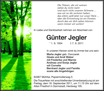 Traueranzeige von Günter Jegler von Darmstädter Echo, Odenwälder Echo, Rüsselsheimer Echo, Groß-Gerauer-Echo, Ried Echo