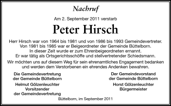 Traueranzeige von Peter Hirsch von Rüsselsheimer Echo, Groß-Gerauer-Echo, Ried Echo