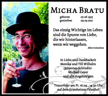 Traueranzeige von Micha Bratu von Echo-Zeitungen (Gesamtausgabe)